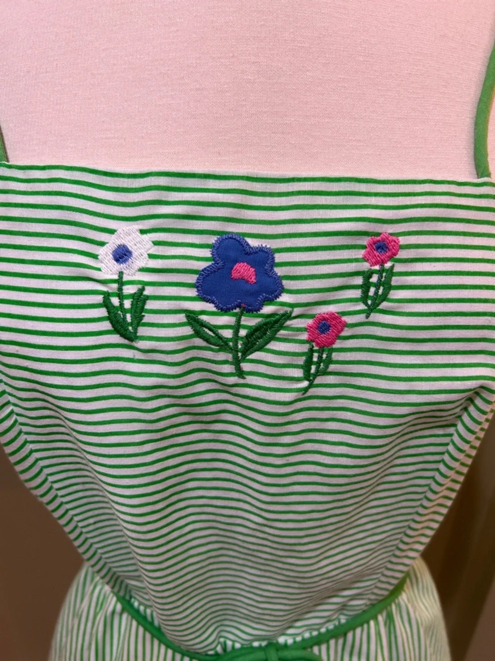 Vintage 70s 80s Green Striped Sundress Floral Embroidered Cottagecore M - Picture 3 of 10